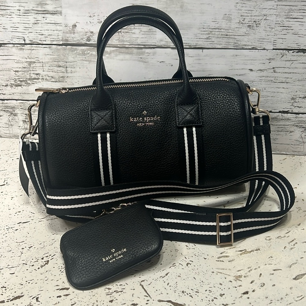 NWT Kate Spade Black Leather Satchel Duffle Crossbody Bag w/ Coin Pouch